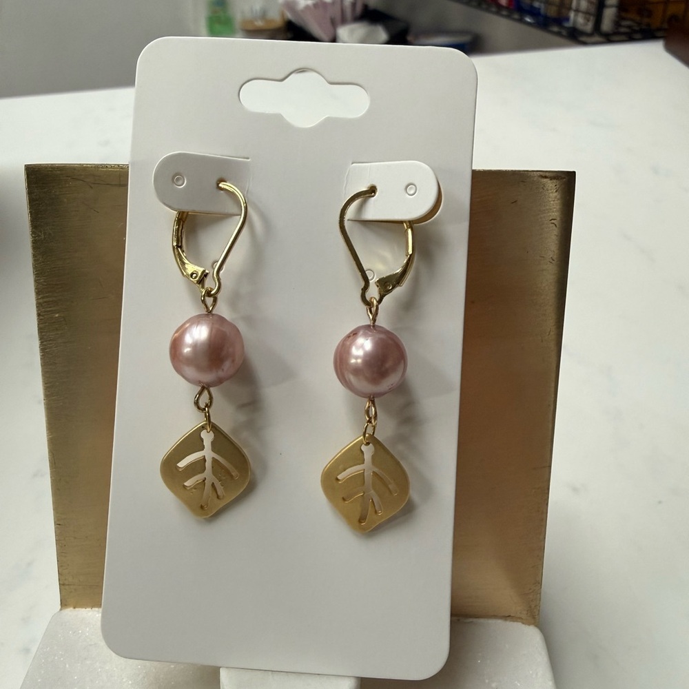 Gold Leaf Drop Earrings with Pink Fresh Water Pearl Accent